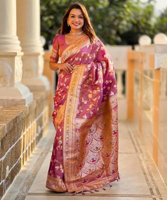 Onion pink elegant art silk woven saree with rich zari border 1