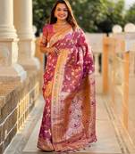 Onion pink elegant art silk woven saree with rich zari border