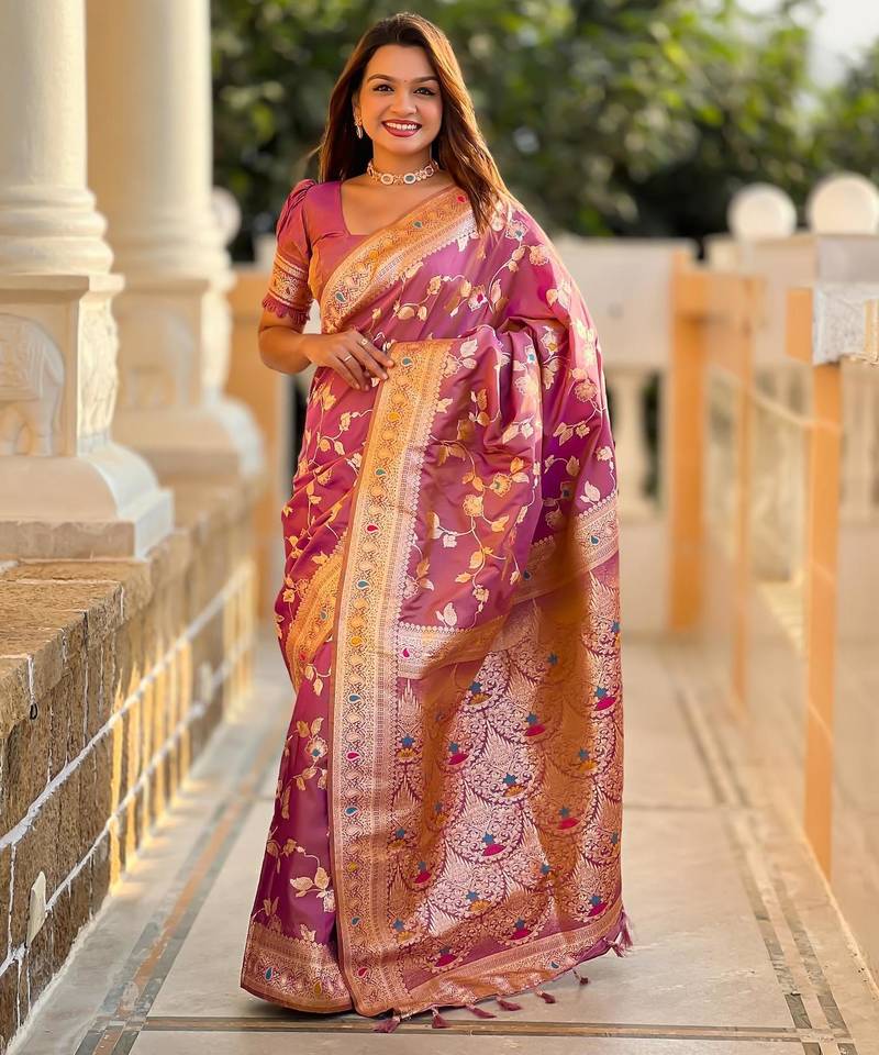 Onion pink elegant art silk woven saree with rich zari border