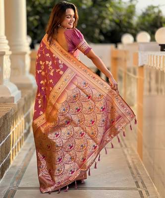 Onion pink elegant art silk woven saree with rich zari border 2