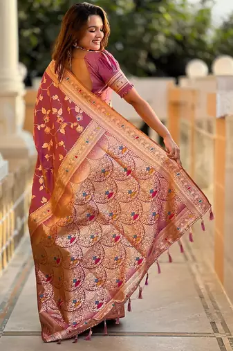 Onion pink elegant art silk woven saree with rich zari border