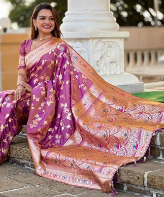 Onion pink elegant art silk woven saree with rich zari border 5