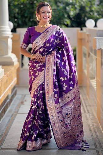 Purple elegant art silk woven saree with rich zari border
