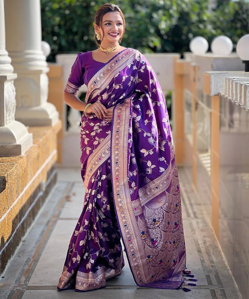 Purple elegant art silk woven saree with rich zari border