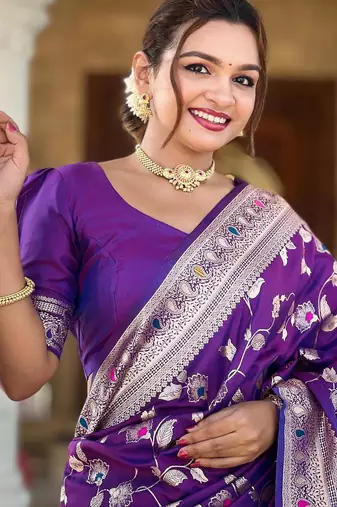 Purple elegant art silk woven saree with rich zari border