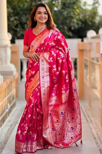 Pink elegant art silk woven saree with rich zari border