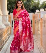 Pink elegant art silk woven saree with rich zari border
