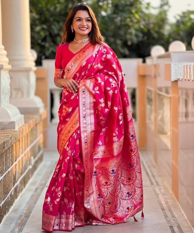 Pink elegant art silk woven saree with rich zari border