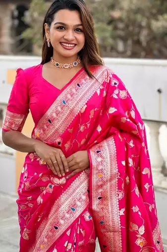 Pink elegant art silk woven saree with rich zari border
