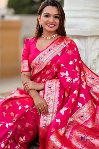 Pink elegant art silk woven saree with rich zari border