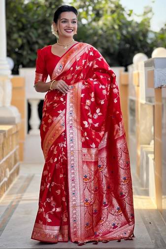 Red elegant art silk woven saree with rich zari border
