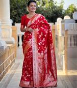 Red elegant art silk woven saree with rich zari border