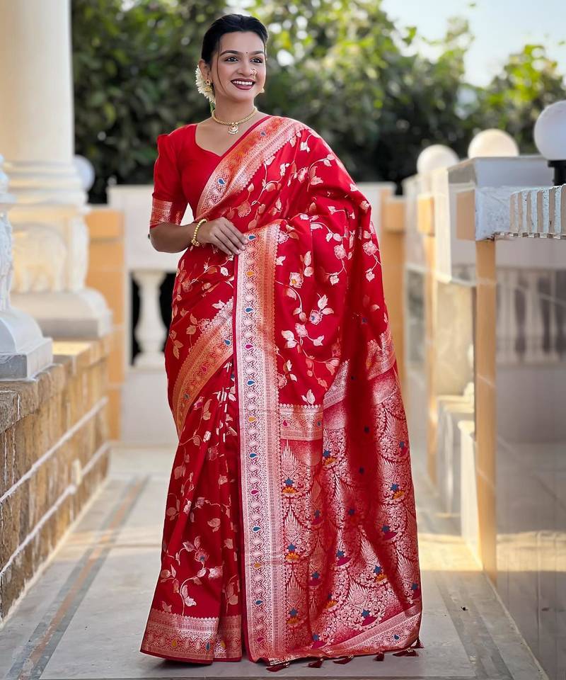 Red elegant art silk woven saree with rich zari border