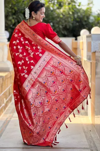 Red elegant art silk woven saree with rich zari border