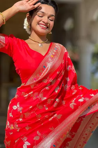 Red elegant art silk woven saree with rich zari border
