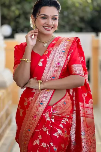 Red elegant art silk woven saree with rich zari border