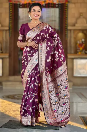 Wine elegant art silk woven saree with rich zari border