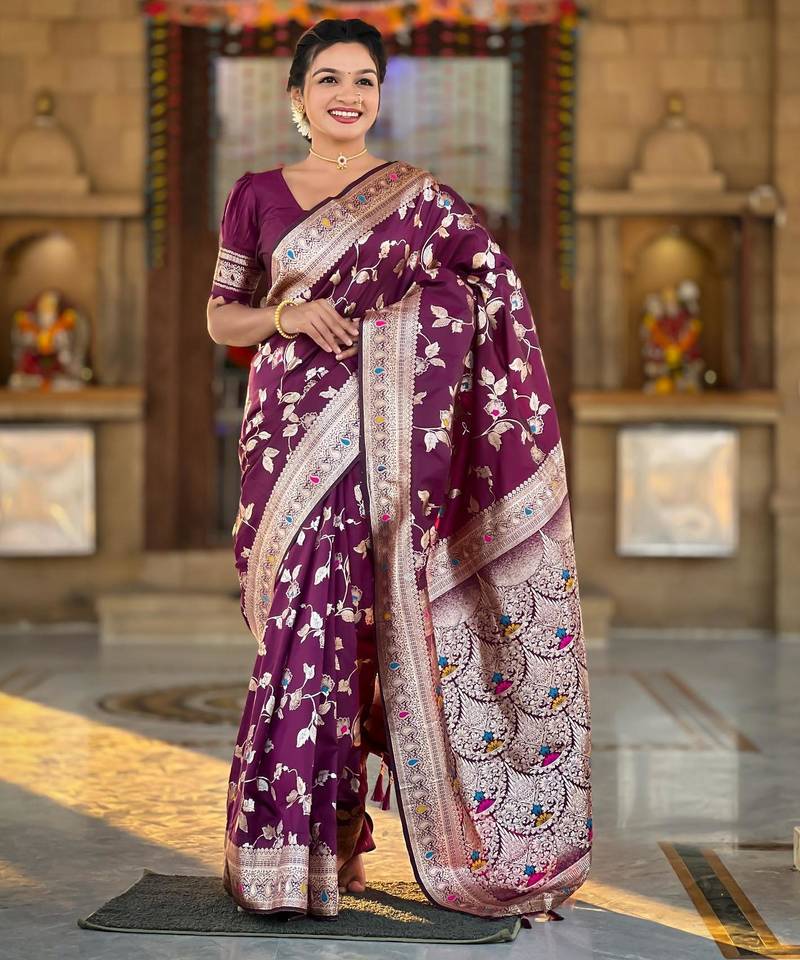 Wine elegant art silk woven saree with rich zari border