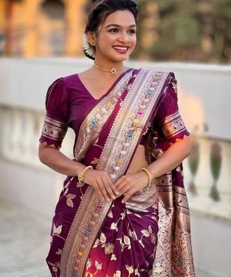Wine elegant art silk woven saree with rich zari border 4