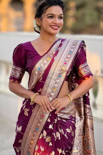 Wine elegant art silk woven saree with rich zari border