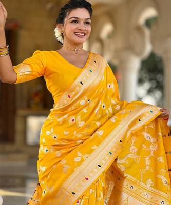 Yellow elegant art silk woven saree with rich zari border 3
