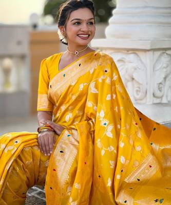 Yellow elegant art silk woven saree with rich zari border 5