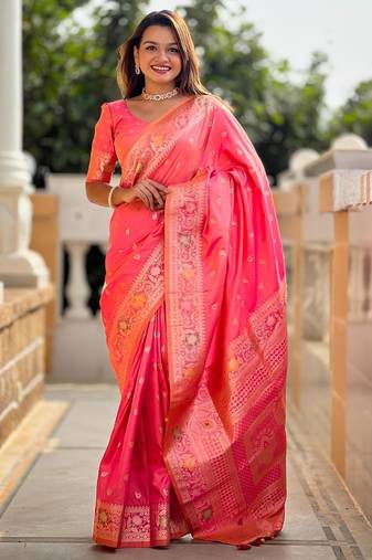 Pink elegant art silk woven saree with rich zari border