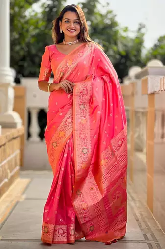 Pink elegant art silk woven saree with rich zari border