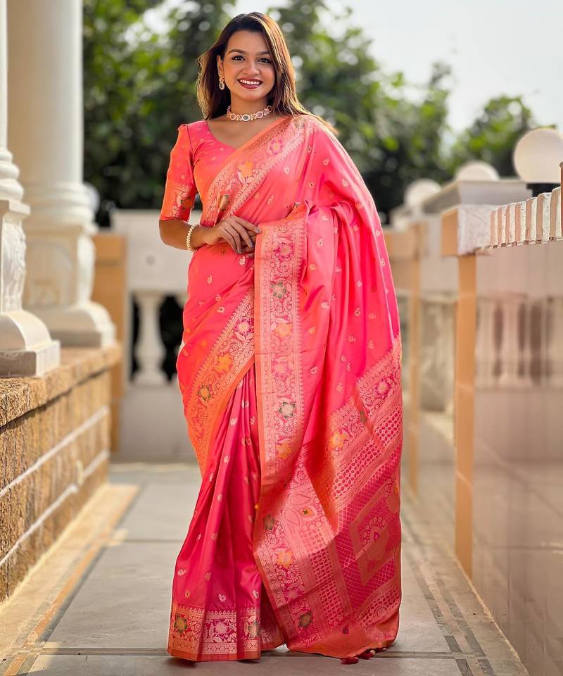 Pink elegant art silk woven saree with rich zari border