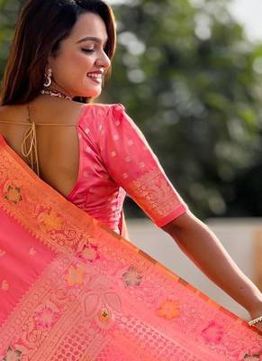 Pink elegant art silk woven saree with rich zari border 2