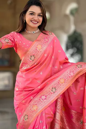 Pink elegant art silk woven saree with rich zari border