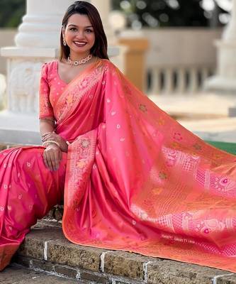 Pink elegant art silk woven saree with rich zari border 5