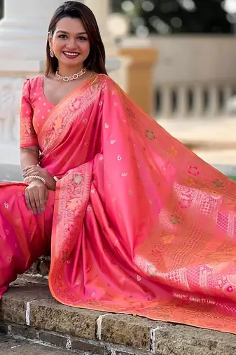 Pink elegant art silk woven saree with rich zari border