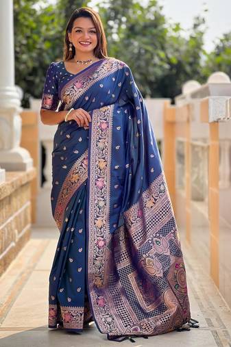 Turquoise elegant art silk woven saree with rich zari border