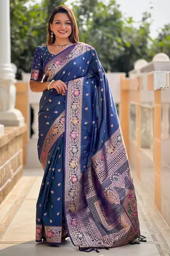 Turquoise elegant art silk woven saree with rich zari border