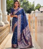 Turquoise elegant art silk woven saree with rich zari border