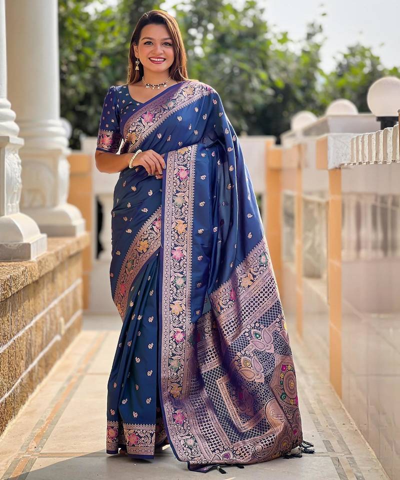 Turquoise elegant art silk woven saree with rich zari border