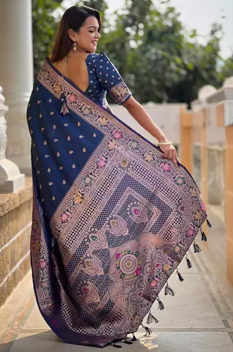 Turquoise elegant art silk woven saree with rich zari border