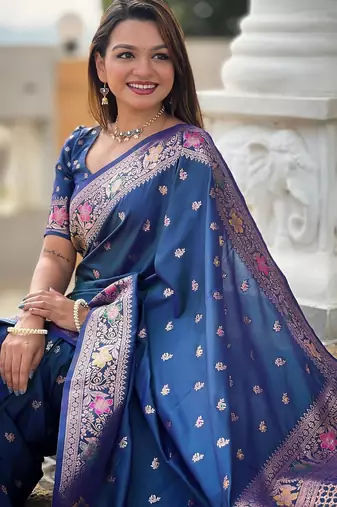 Turquoise elegant art silk woven saree with rich zari border