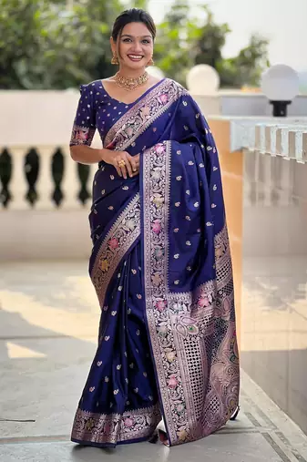 Navy blue elegant art silk woven saree with rich zari border