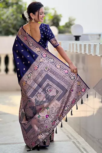 Navy blue elegant art silk woven saree with rich zari border