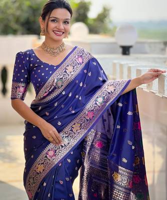 Navy blue elegant art silk woven saree with rich zari border 3