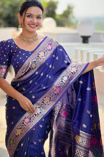 Navy blue elegant art silk woven saree with rich zari border