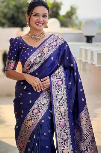 Navy blue elegant art silk woven saree with rich zari border