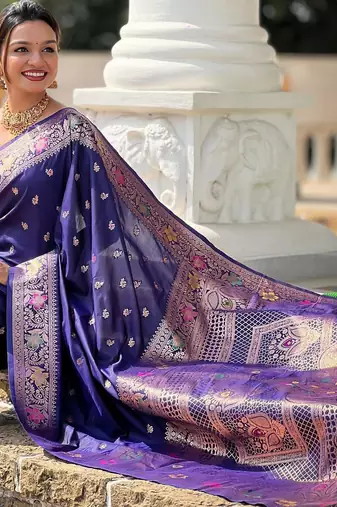 Navy blue elegant art silk woven saree with rich zari border