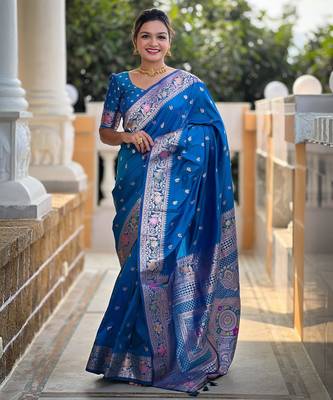 Sky blue elegant art silk woven saree with rich zari border 1