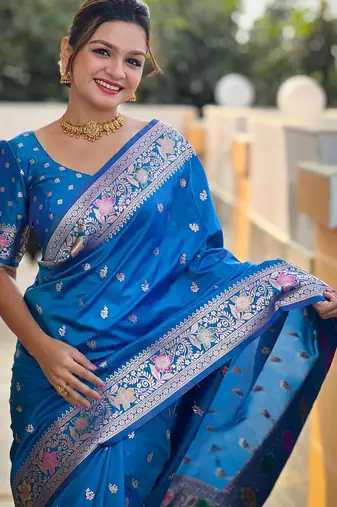 Sky blue elegant art silk woven saree with rich zari border