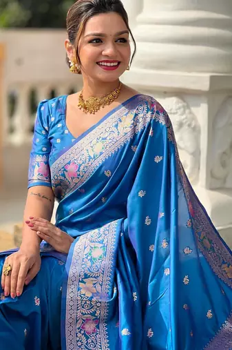Sky blue elegant art silk woven saree with rich zari border