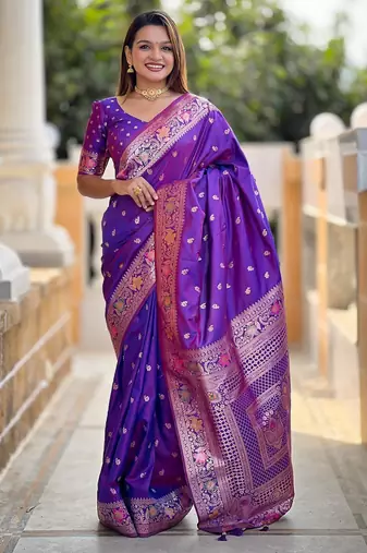 Violet elegant art silk woven saree with rich zari border