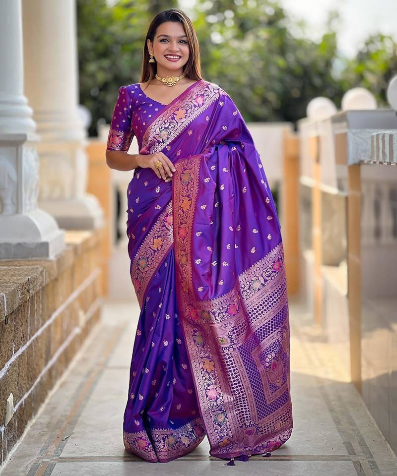 Violet elegant art silk woven saree with rich zari border